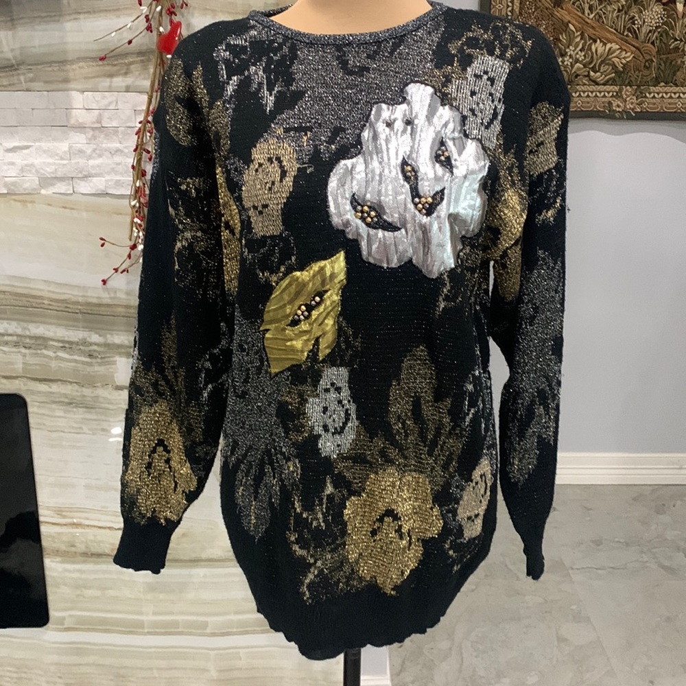 Leslie Knits Black with‎ Gold/ White/ Silver Floral Embellishments Sweater. L
